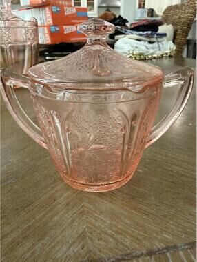 Depression Glass Sugar Bowl With Lid Cherry Blossom Jeanette Glass Co Circa 1930